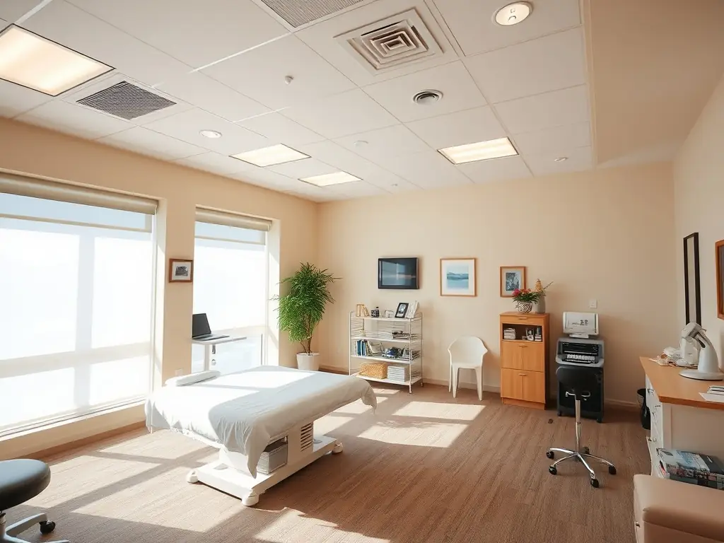 A serene chiropractic clinic interior showcasing treatment rooms.